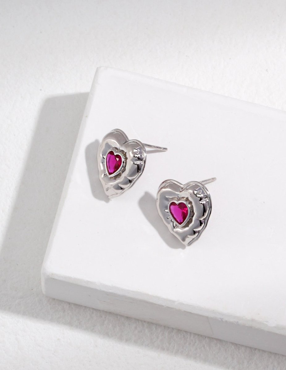 Love Heart Red Gemstone Sterling Silver Earrings | Mix Mix Style [Hot Seller]-Mix MIx Style