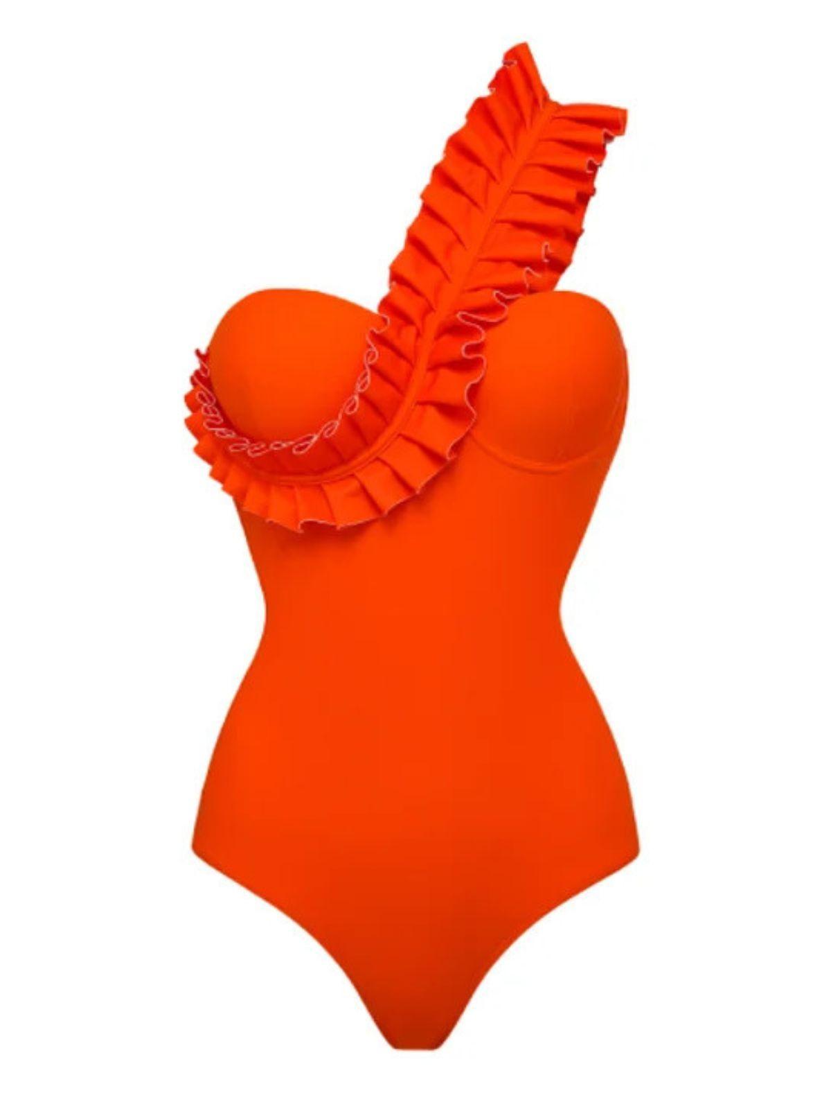 One Shoulder Ruffle One Piece Swimsuit In Red | Mix Mix Style [Hot Seller]-Mix MIx Style