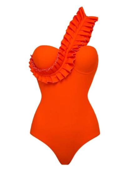 One Shoulder Ruffle One Piece Swimsuit In Red | Mix Mix Style [Hot Seller]-Mix MIx Style