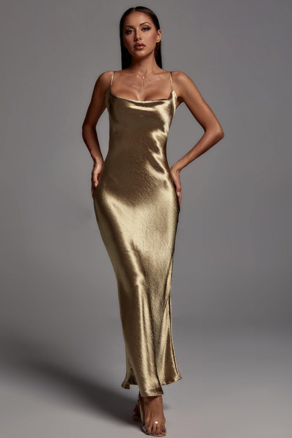 Elegant Metallic Gold Maxi Dress-Mix MIx Style