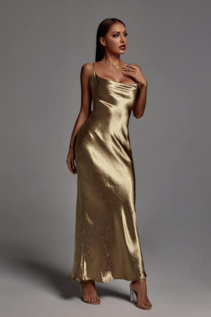 Elegant Metallic Gold Maxi Dress-Mix MIx Style