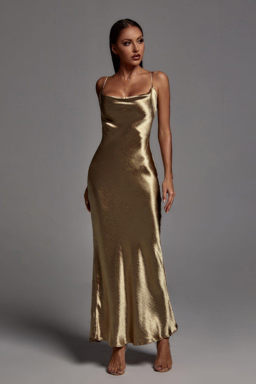 Elegant Metallic Gold Maxi Dress-Mix MIx Style