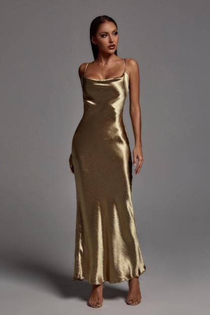 Elegant Metallic Gold Maxi Dress-Mix MIx Style