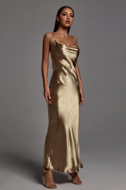 Elegant Metallic Gold Maxi Dress-Mix MIx Style