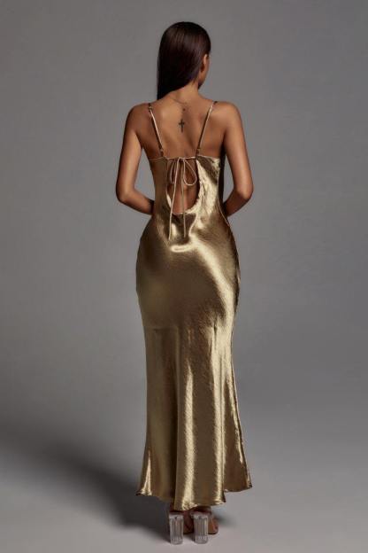 Elegant Metallic Gold Maxi Dress-Mix MIx Style