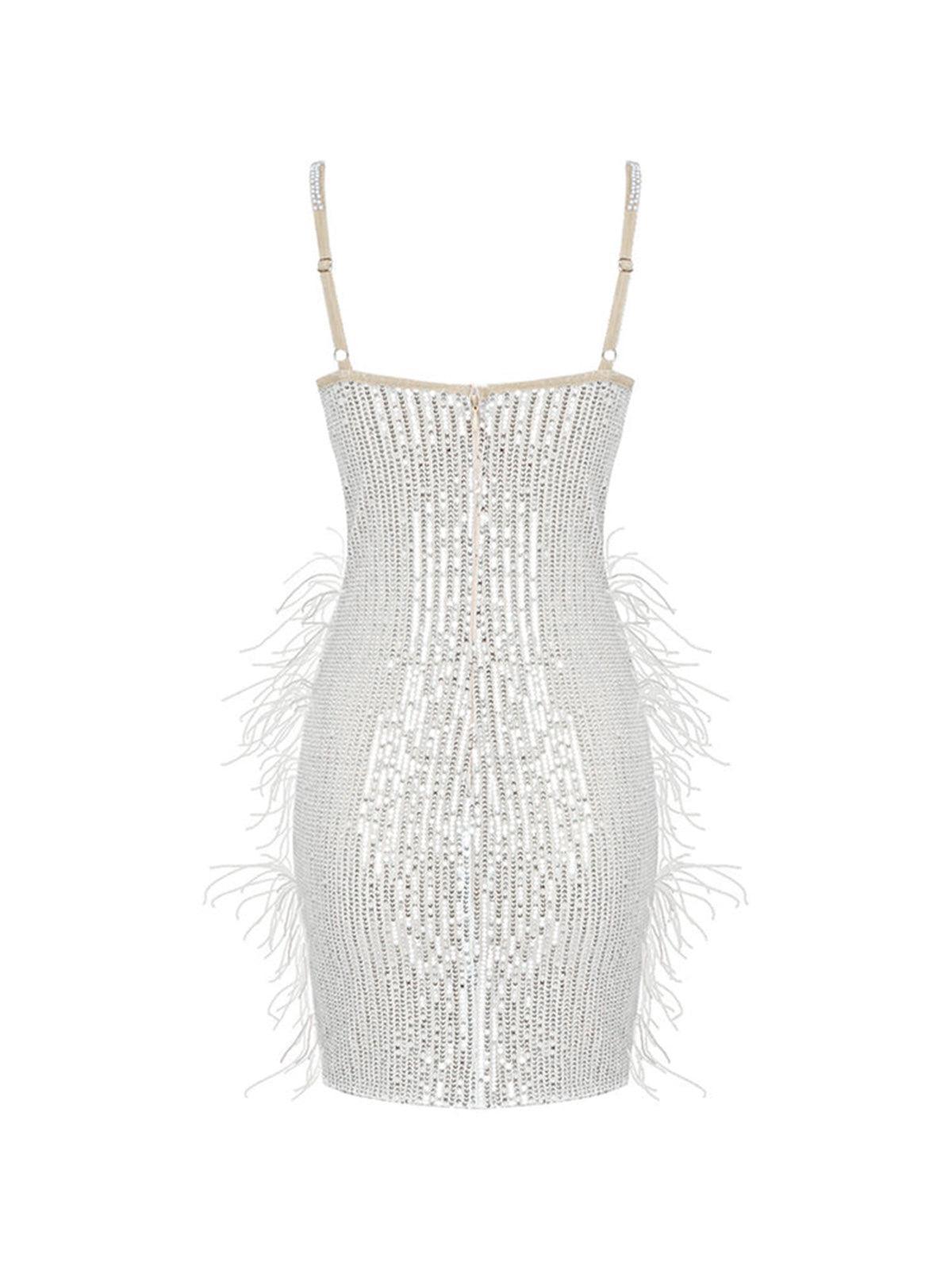 White Pearl Sequin Feather Mini Dress | Mix Mix Style [Hot Seller]-Mix MIx Style