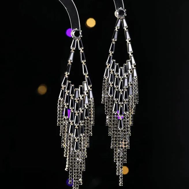 Super fairy temperament long rhombus face-modifying earrings trendy high-end zircon inlaid wedding dress matching earrings-Mix MIx Style