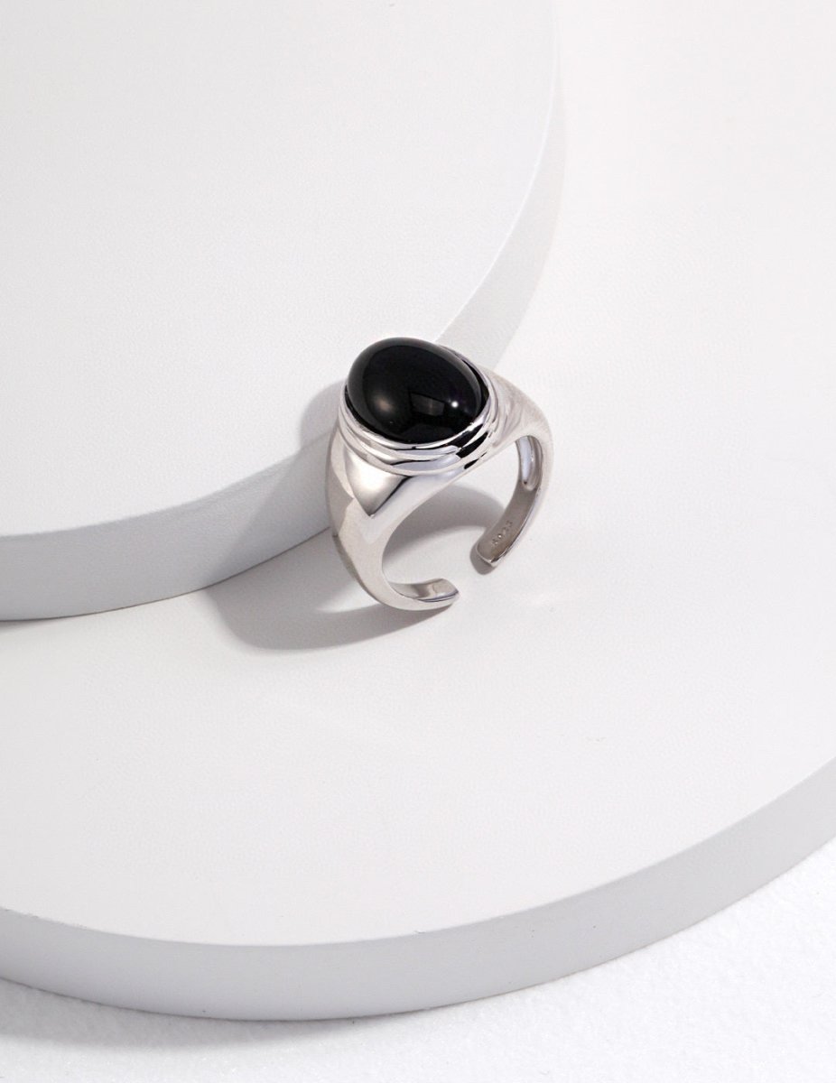 Black Gemstone s925 Sterling Silver Open Ring | Mix Mix Style [Hot Seller]-Mix MIx Style