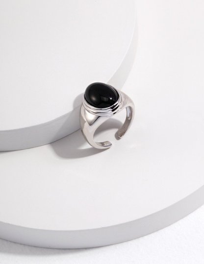 Black Gemstone s925 Sterling Silver Open Ring | Mix Mix Style [Hot Seller]-Mix MIx Style
