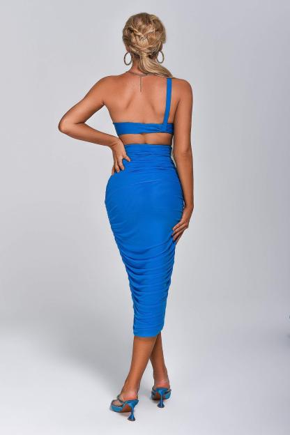Blue One-Shoulder Cutout Mesh Midi Bandage Dress | Mix Mix Style [Hot Seller]-Mix MIx Style