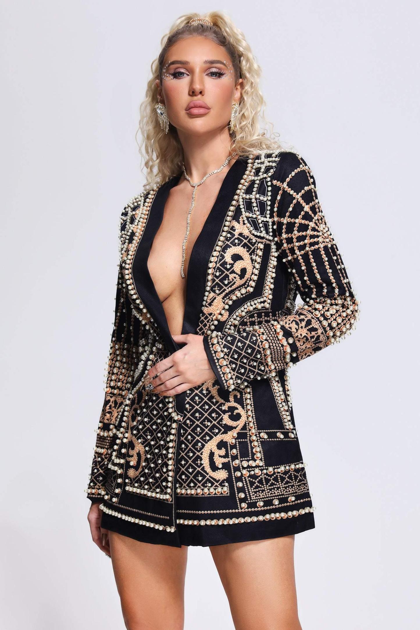 Black & Golden Pearl Black Blazer Mini Dress | Mix Mix Style [Hot Seller]-Mix MIx Style