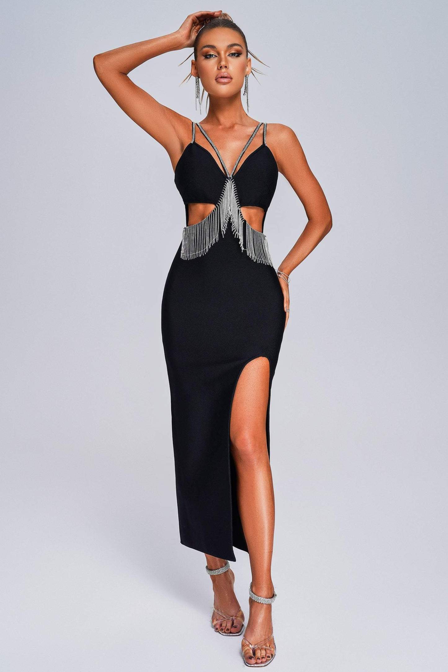 Black Rhinestone Slit Maxi Bandage Dress | Mix Mix Style [Hot Seller]-Mix MIx Style