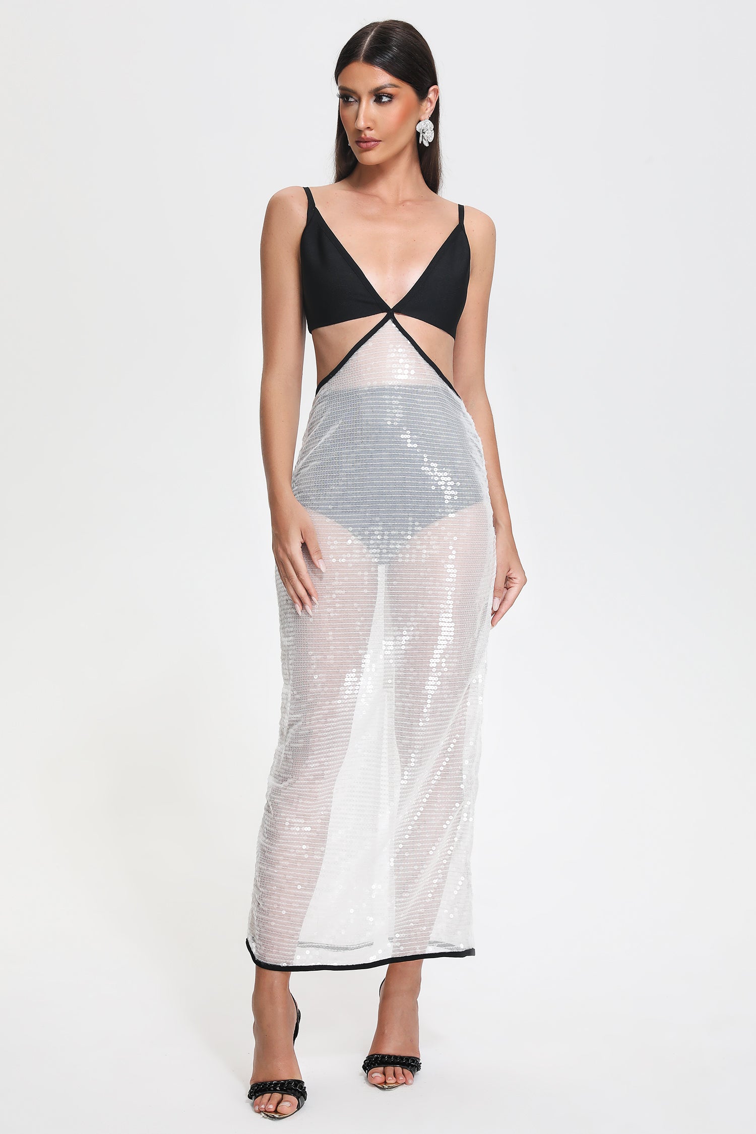 Cutout Sequin Midi Bandage Dress in Black and White | Mix Mix Style [Hot Seller]-Mix MIx Style