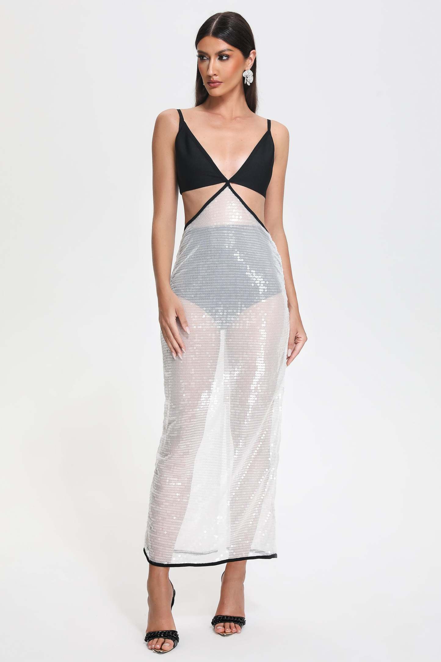 Cutout Sequin Midi Bandage Dress in Black and White | Mix Mix Style [Hot Seller]-Mix MIx Style