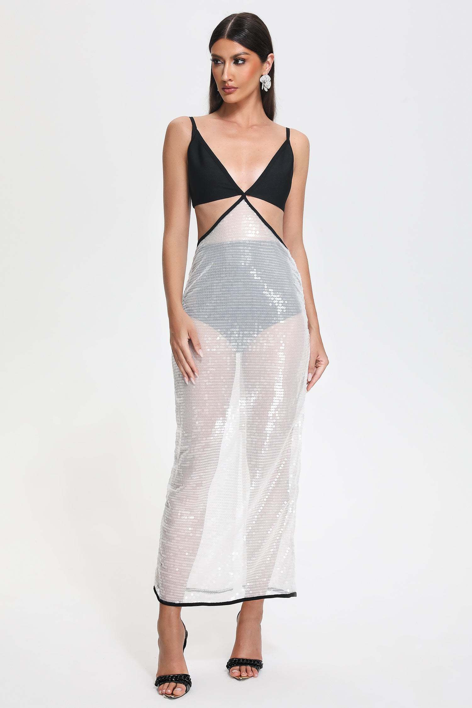 Cutout Sequin Midi Bandage Dress in Black and White | Mix Mix Style [Hot Seller]-Mix MIx Style