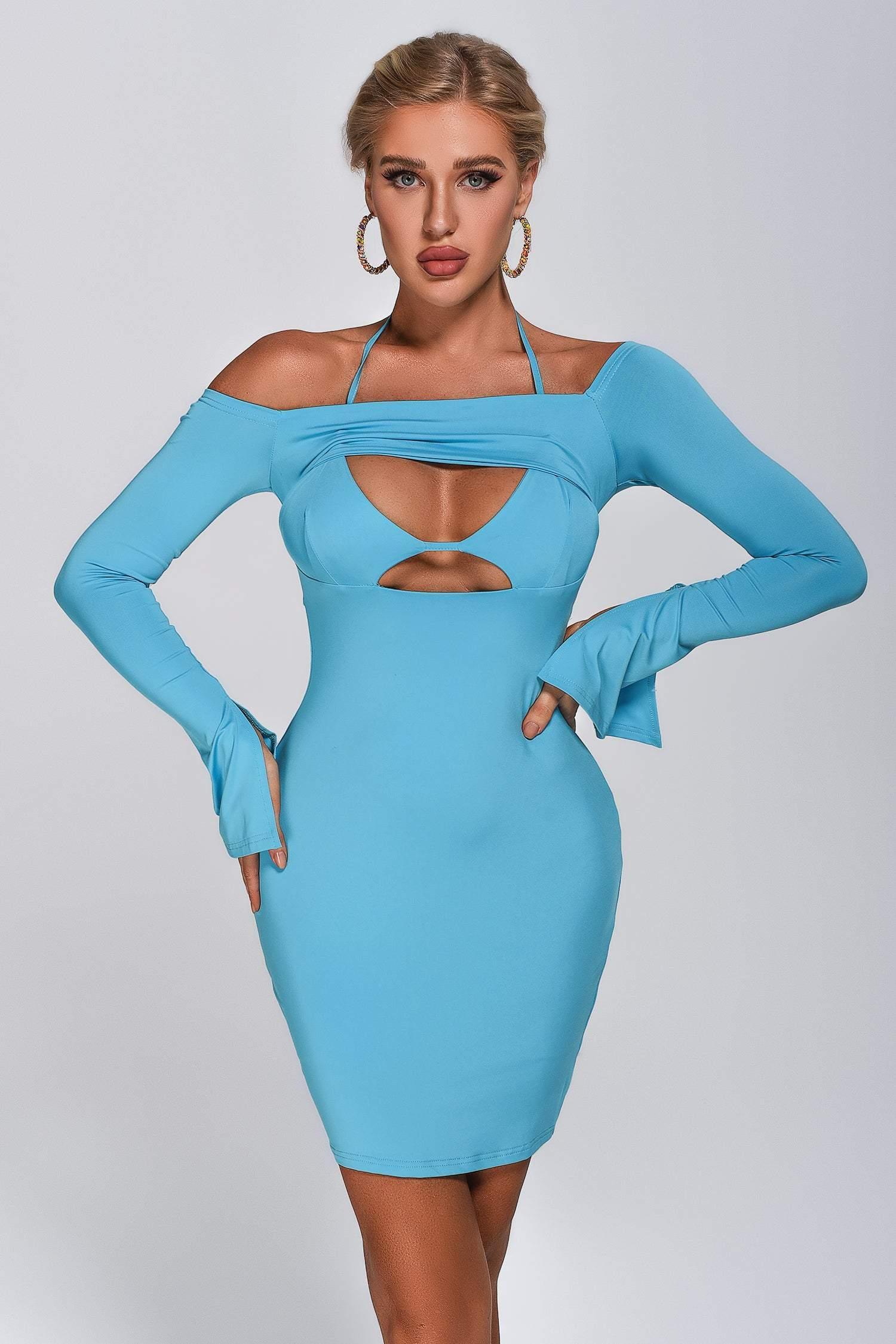 Long Sleeve Cutout Midi Dress in Blue | Mix Mix Style [Hot Seller]-Mix MIx Style