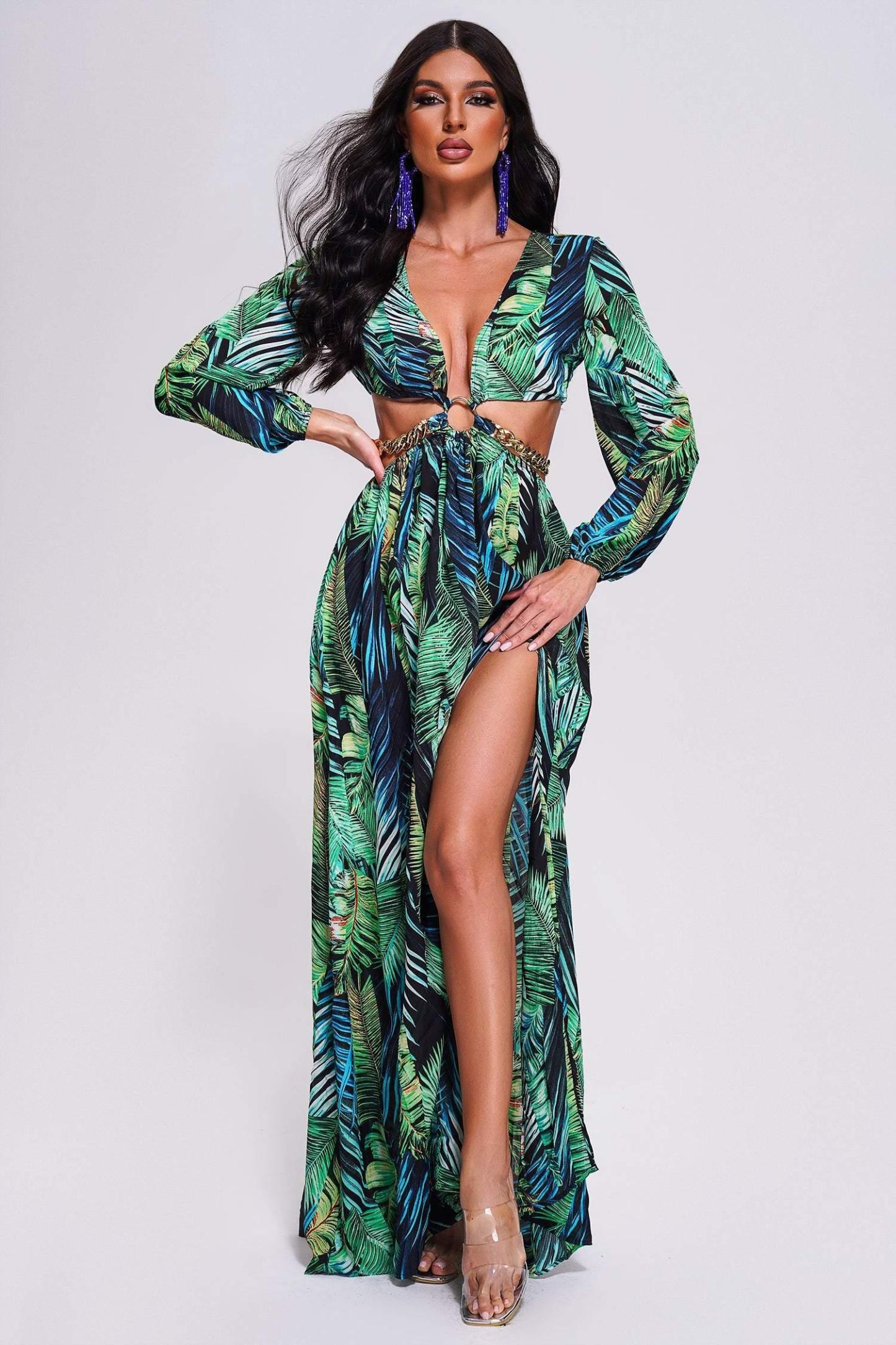 Printed Cutout Slit Maxi Dress-Mix MIx Style