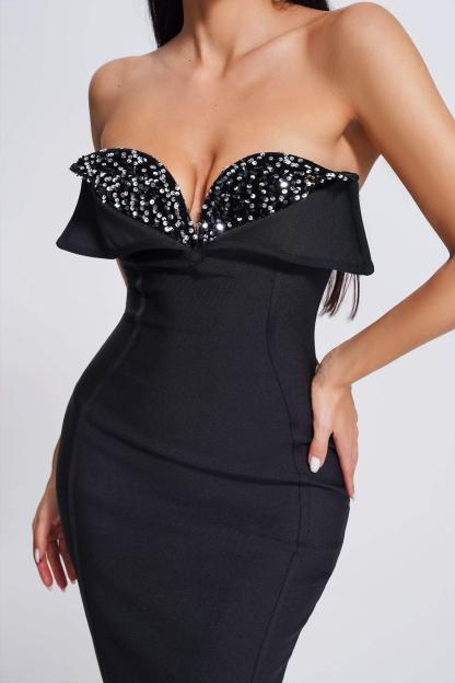 Black Strapless Sequin Midi Bandage Dress | Mix Mix Style [Hot Seller]-Mix MIx Style