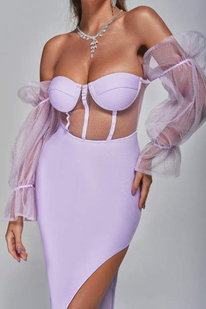 Lilac Off Shoulder Slit Midi Bandage Dress | Mix Mix Style [Hot Seller]-Mix MIx Style