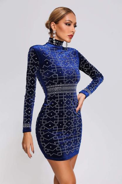Blue Long Sleeve Velvet Mini Dress | Mix Mix Style [Hot Seller]-Mix MIx Style