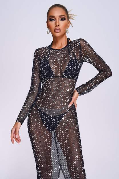 Black Crystallised Mesh Long Maxi Dress Beach Cover-up | Mix Mix Style-Mix MIx Style