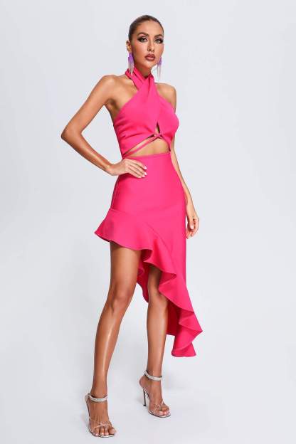 Pink Cutout Halter Midi Bandage Dress | Mix Mix Style [Hot Seller]-Mix MIx Style