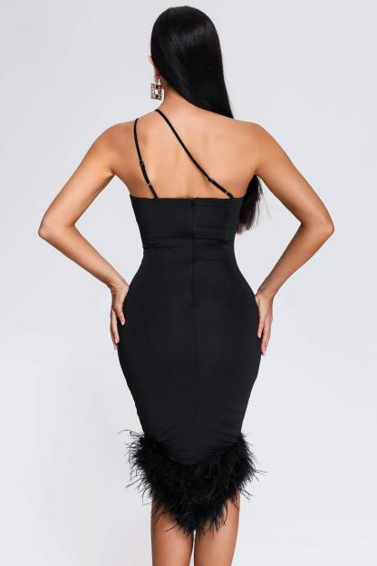 Rate Feather One Shoulder Midi Dress - Black | Mix Mix Style [Hot Seller]-Mix MIx Style