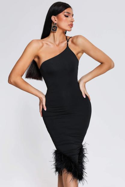Rate Feather One Shoulder Midi Dress - Black | Mix Mix Style [Hot Seller]-Mix MIx Style