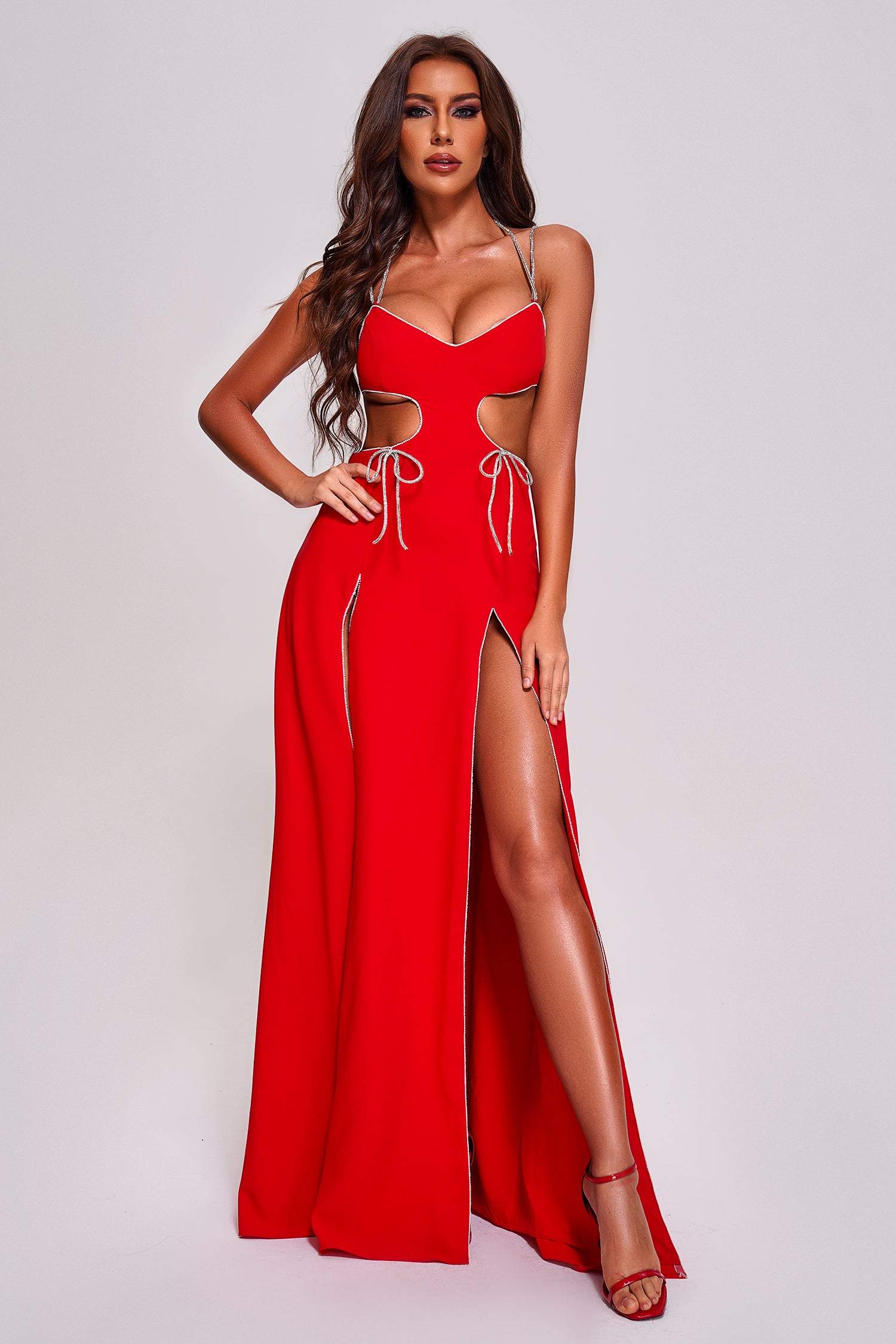 Red Diamante Cutout Slit Maxi Dress | Mix Mix Style [Hot Seller]-Mix MIx Style