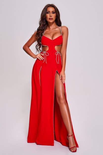 Red Diamante Cutout Slit Maxi Dress | Mix Mix Style [Hot Seller]-Mix MIx Style