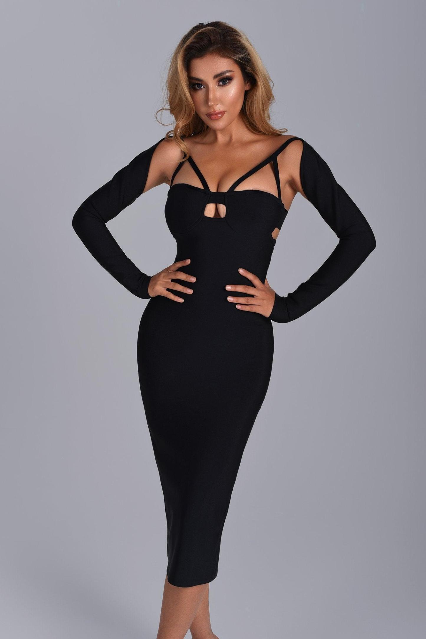 Long Sleeve Cutout Midi Bandage Dress in Black | Mix Mix Style [Hot Seller]-Mix MIx Style