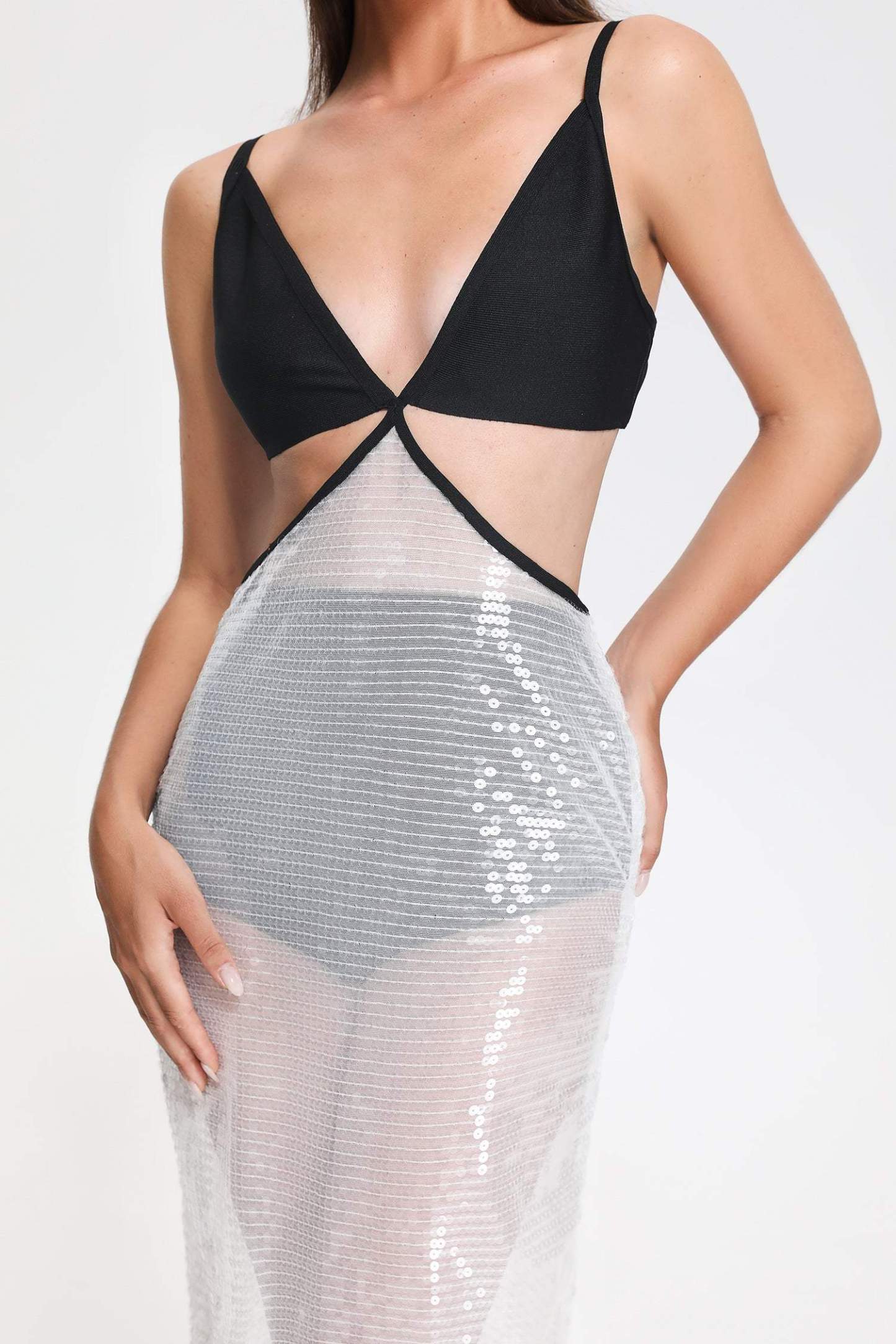 Cutout Sequin Midi Bandage Dress in Black and White | Mix Mix Style [Hot Seller]-Mix MIx Style