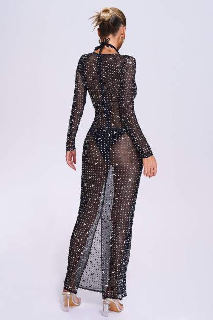 Black Crystallised Mesh Long Maxi Dress Beach Cover-up | Mix Mix Style-Mix MIx Style