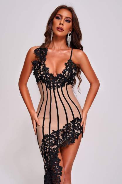 Beige & Black Lace Midi Bandage Dress | Mix Mix Style [Hot Seller]-Mix MIx Style