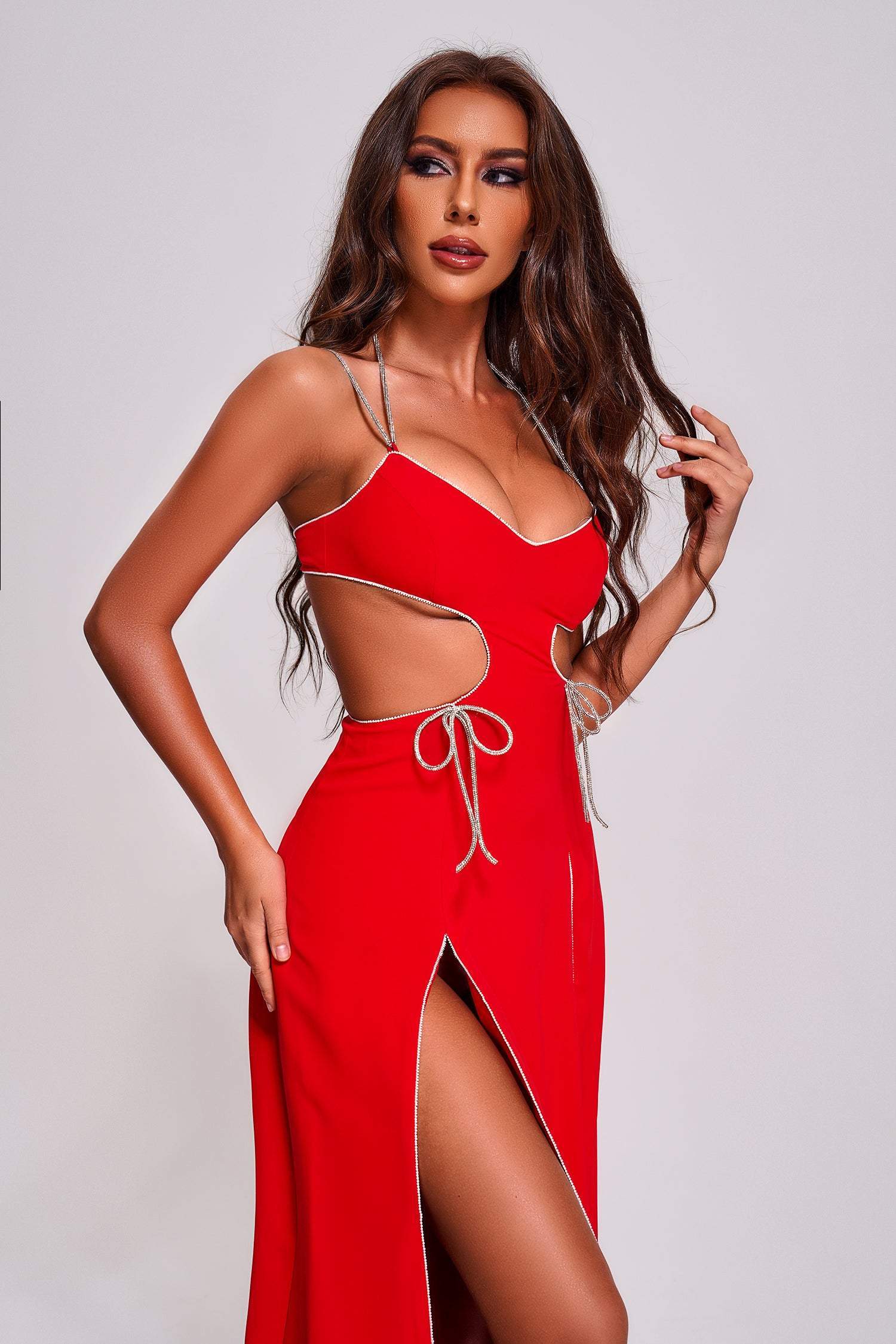 Red Diamante Cutout Slit Maxi Dress | Mix Mix Style [Hot Seller]-Mix MIx Style