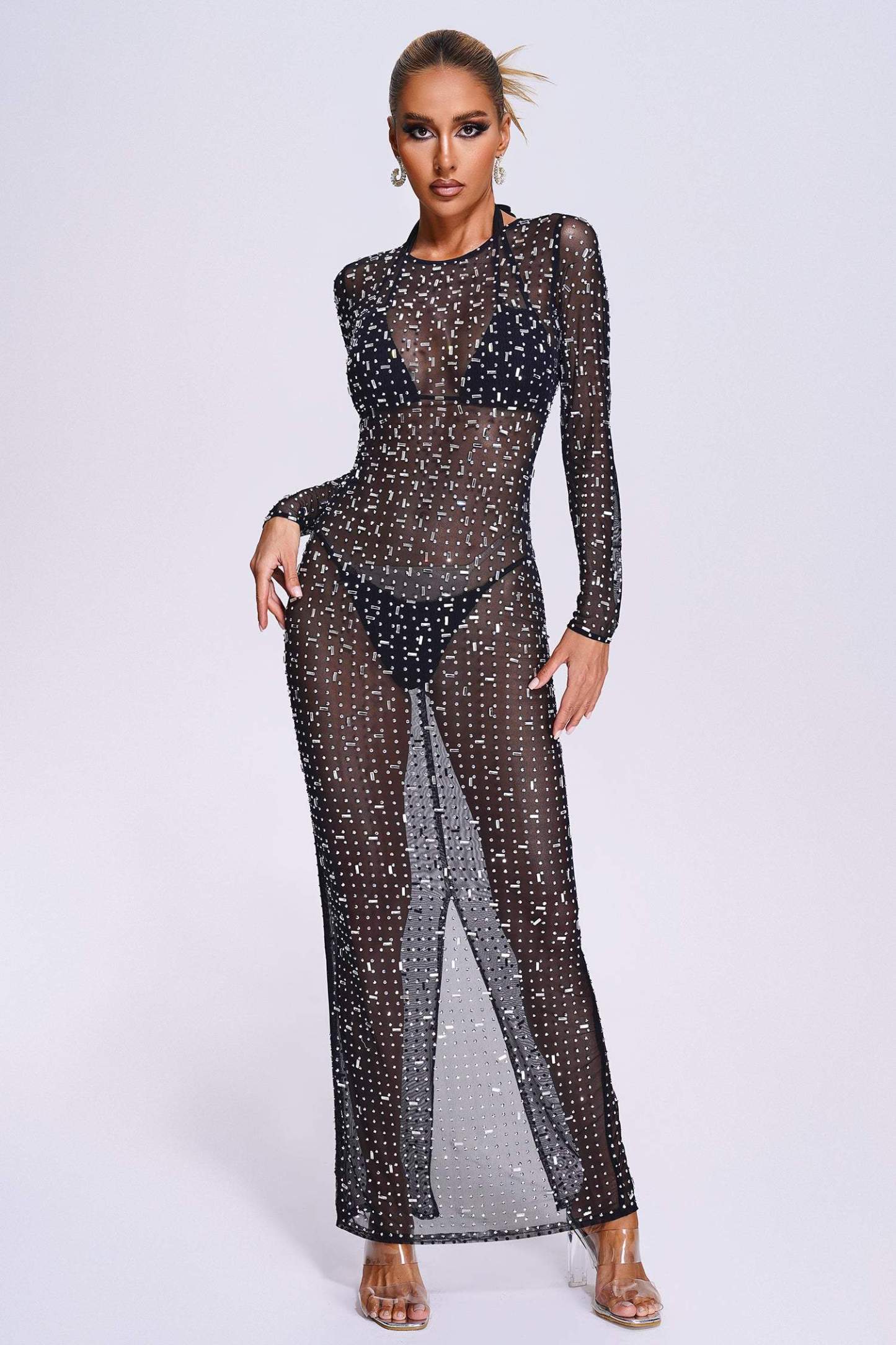 Black Crystallised Mesh Long Maxi Dress Beach Cover-up | Mix Mix Style-Mix MIx Style