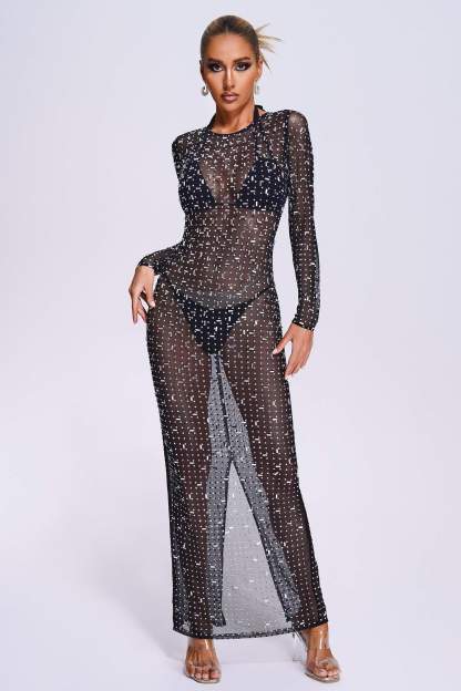 Black Crystallised Mesh Long Maxi Dress Beach Cover-up | Mix Mix Style-Mix MIx Style