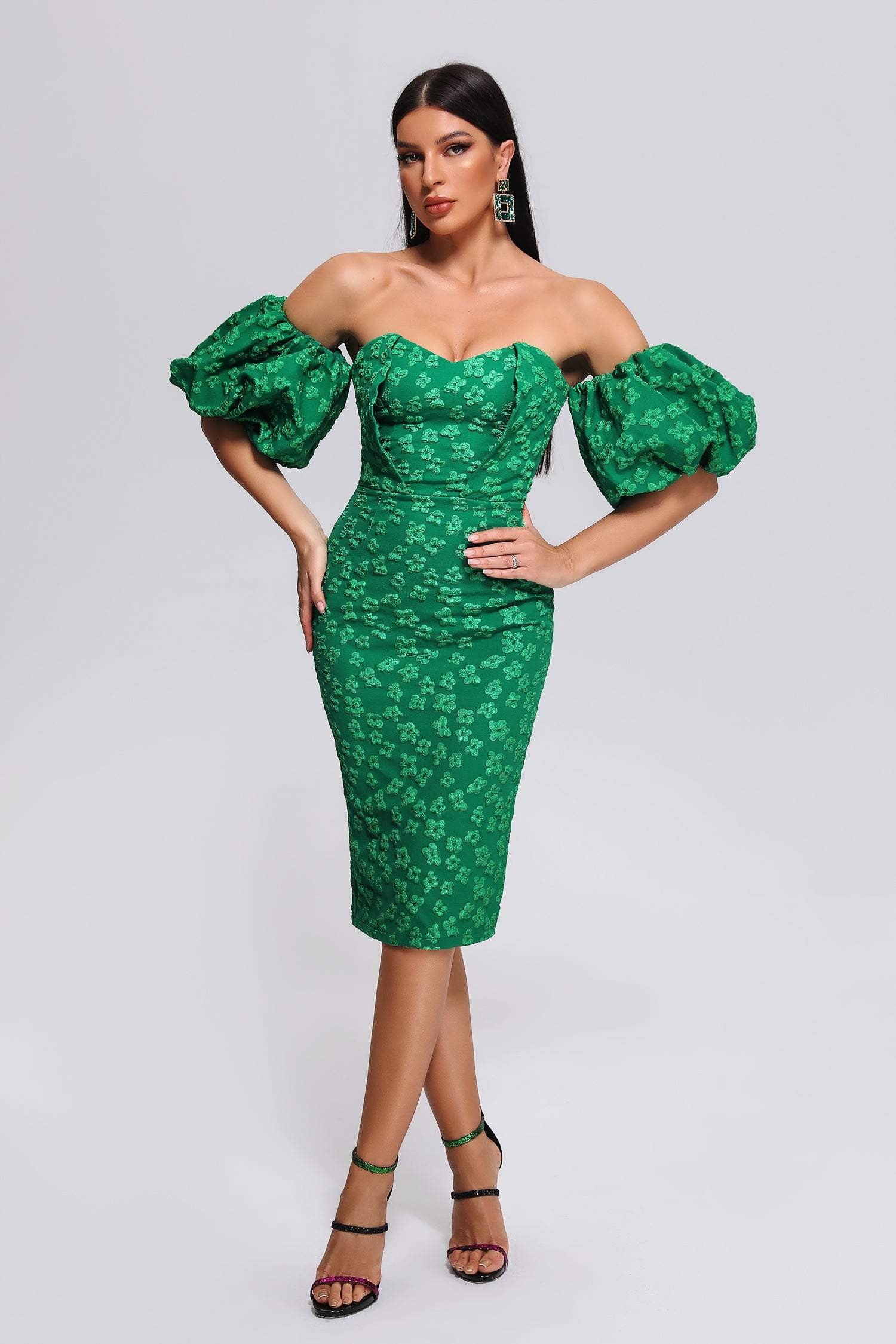 Off Shoulder Green Jacquard Mini Dress | Mix Mix Style [Hot Seller]-Mix MIx Style