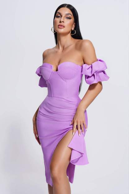 Off Shoulder Midi Bandage Dress in Purple | Mix Mix Style [Hot Seller]-Mix MIx Style