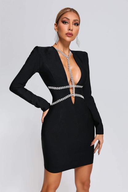 Black Long Sleeve Diamonate Mini Bandage Dress | Mix Mix Style [Hot Seller]-Mix MIx Style