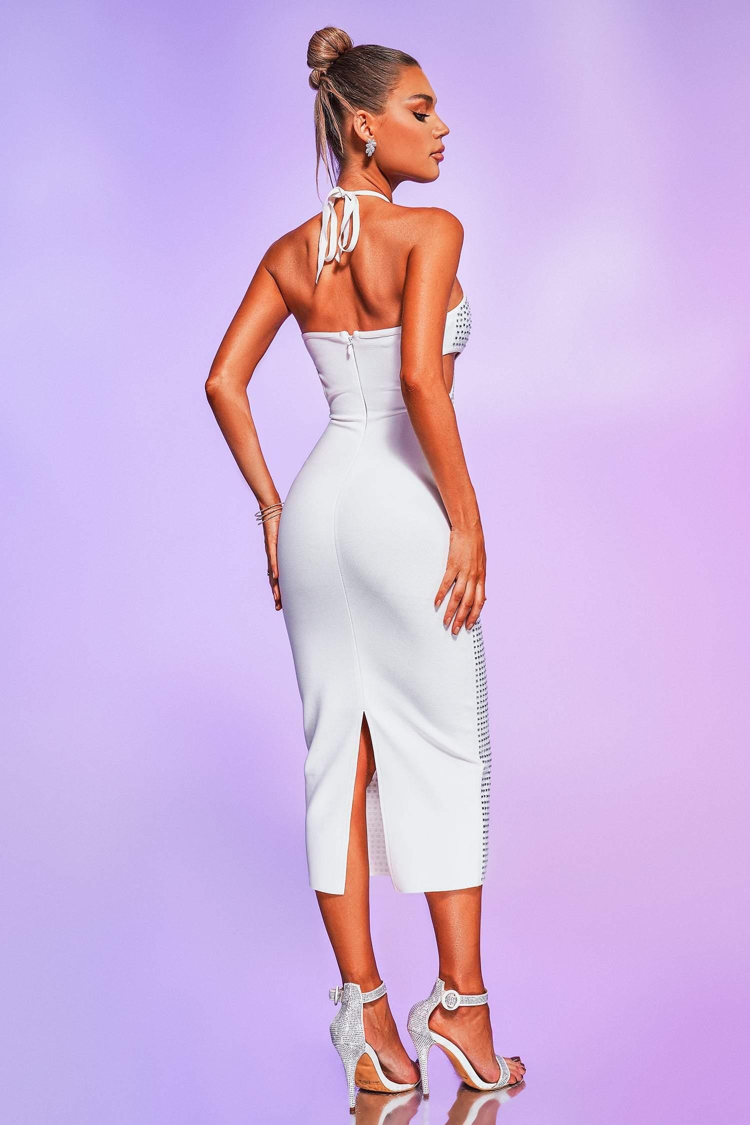 White Crystallised Midi Bandage Dress | Mix Mix Style-Mix MIx Style