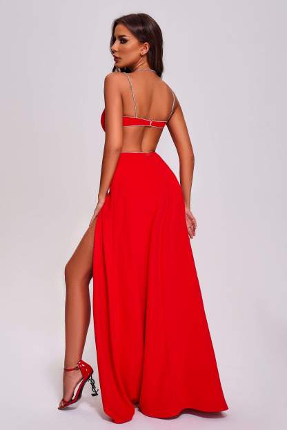 Red Diamante Cutout Slit Maxi Dress | Mix Mix Style [Hot Seller]-Mix MIx Style