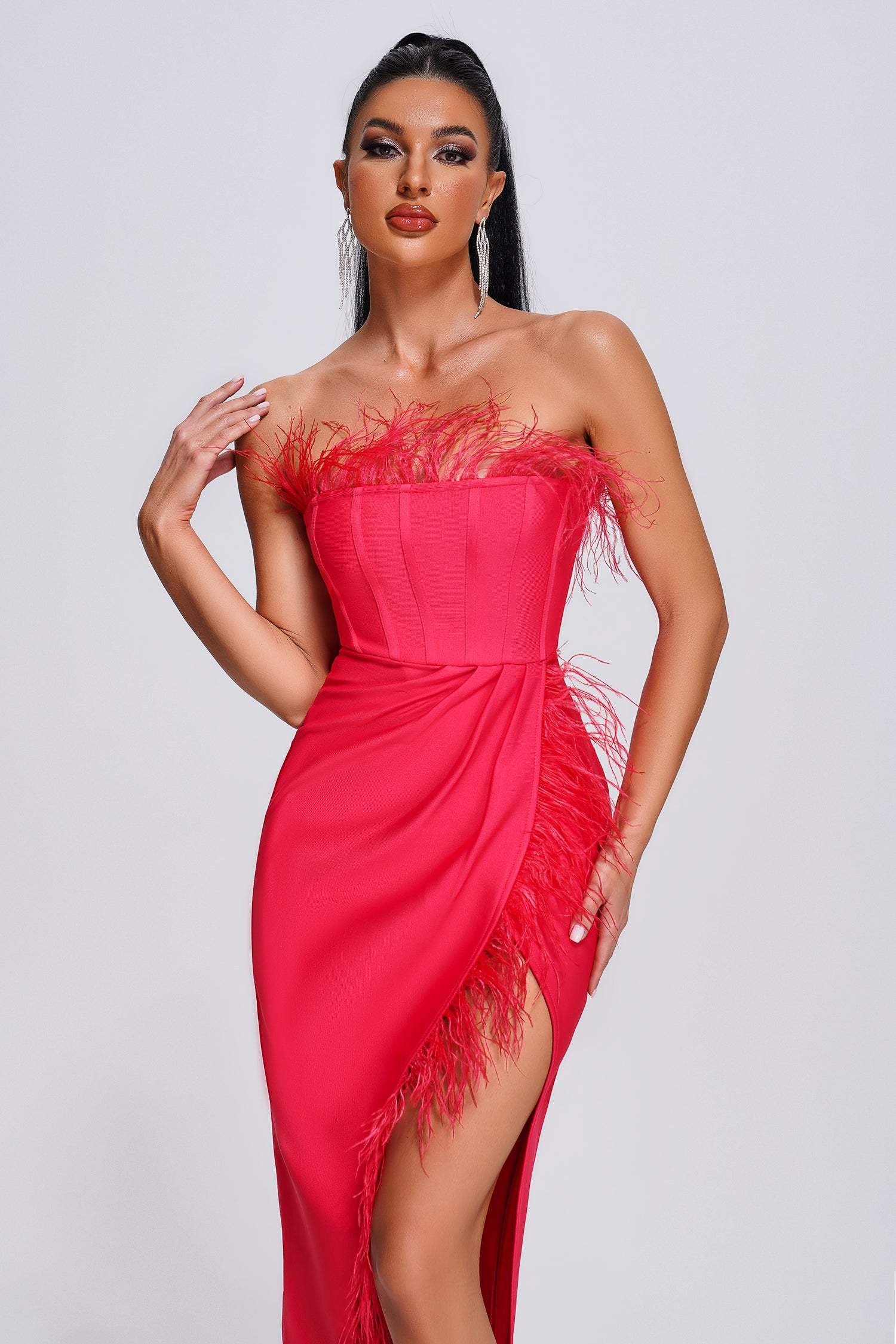 Pink Strapless Feather Midi Bandage Dress | Mix Mix Style [Hot Seller]-Mix MIx Style