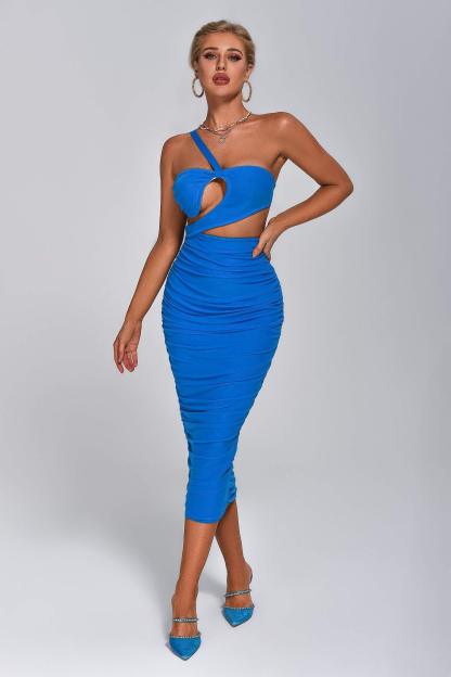 Blue One-Shoulder Cutout Mesh Midi Bandage Dress | Mix Mix Style [Hot Seller]-Mix MIx Style