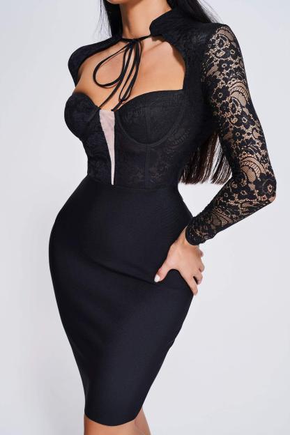 Long Sleeve Lace Midi Bandage Dress in Black | Mix Mix Style [Hot Seller]-Mix MIx Style