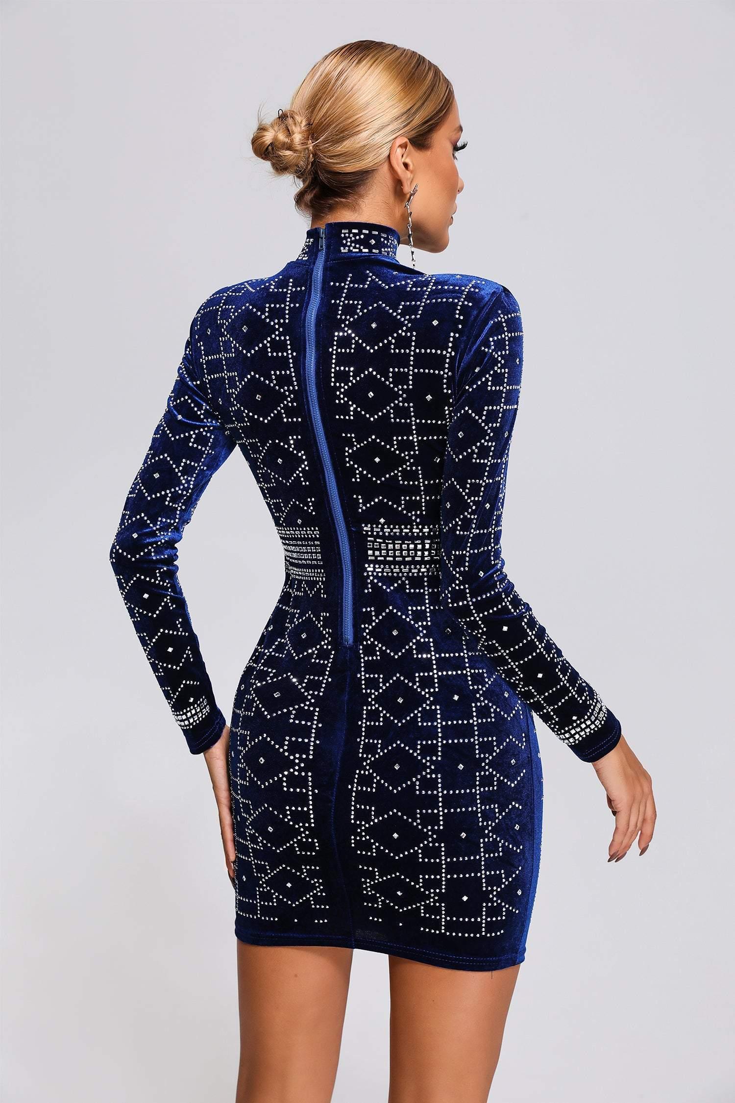 Blue Long Sleeve Velvet Mini Dress | Mix Mix Style [Hot Seller]-Mix MIx Style