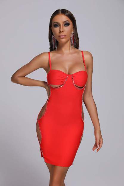 Diamonate Cutout Mini Bandage Dress in Red | Mix Mix Style [Hot Seller]-Mix MIx Style