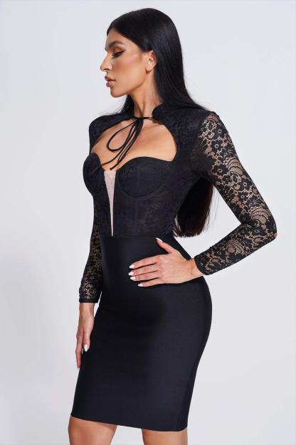Long Sleeve Lace Midi Bandage Dress in Black | Mix Mix Style [Hot Seller]-Mix MIx Style