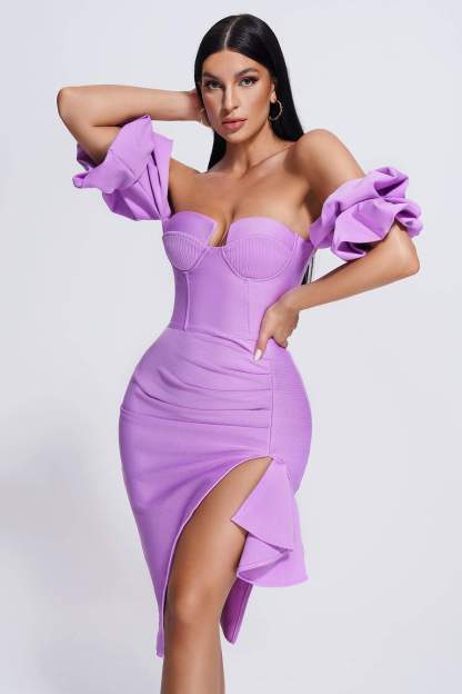Off Shoulder Midi Bandage Dress in Purple | Mix Mix Style [Hot Seller]-Mix MIx Style