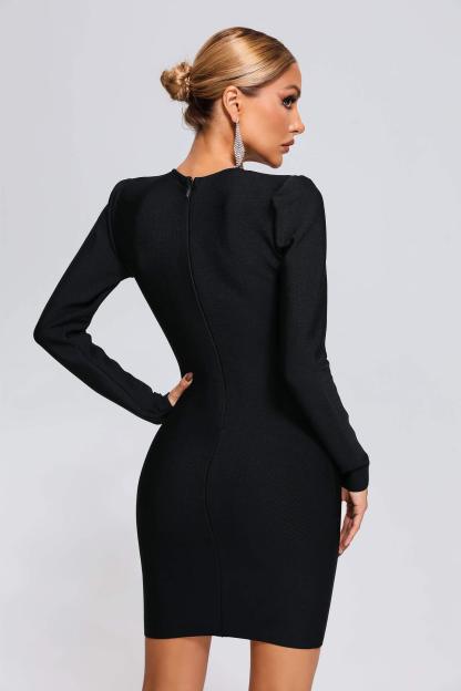 Black Long Sleeve Diamonate Mini Bandage Dress | Mix Mix Style [Hot Seller]-Mix MIx Style
